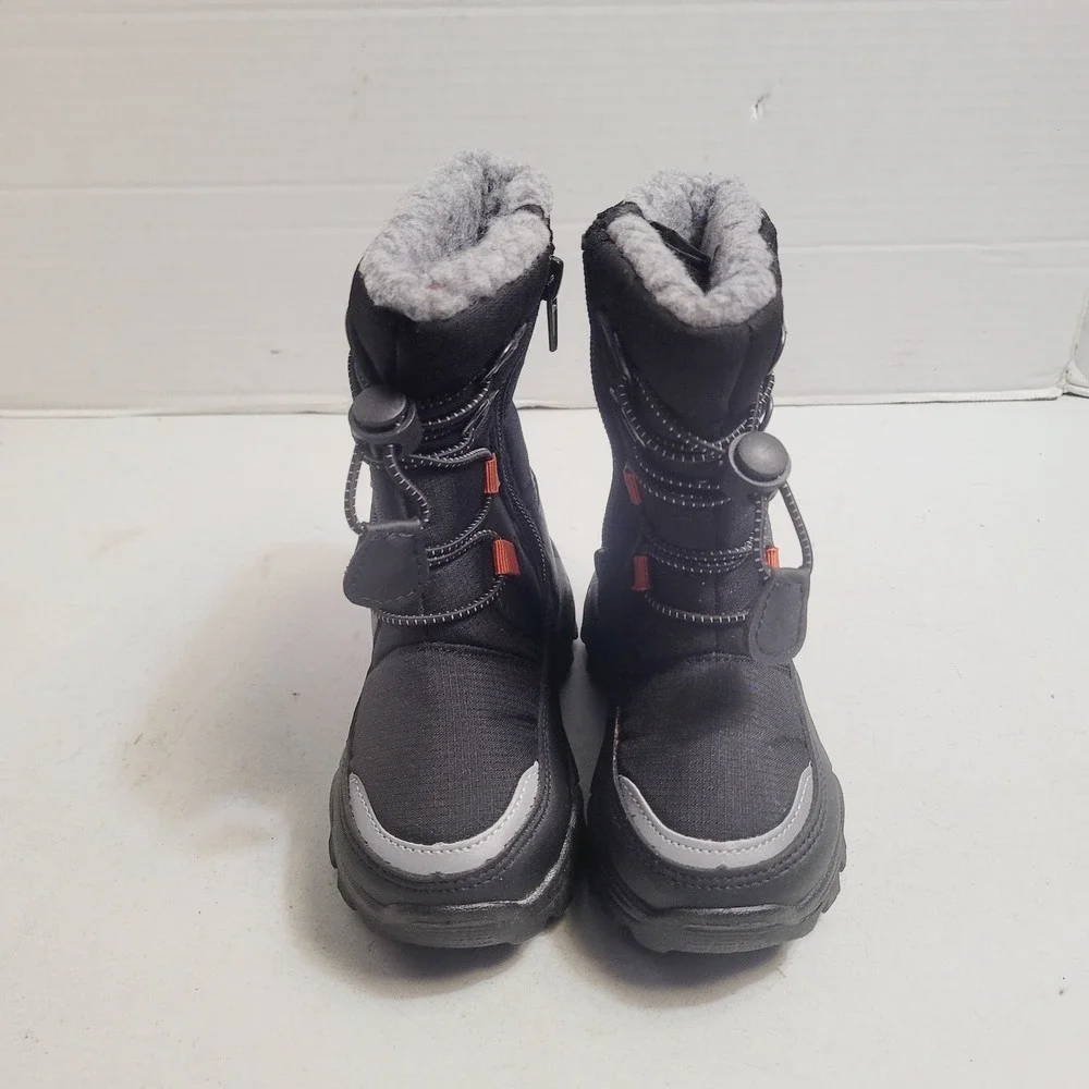 Black Winter Snow Boots Kids Size 8C Faux Fur Lined Bungee Zip Reflective Trim